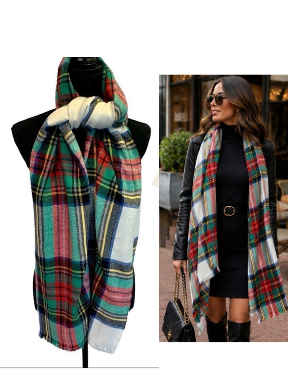 RED green black yellow ivory plaid check soft fall winter blanket scarf